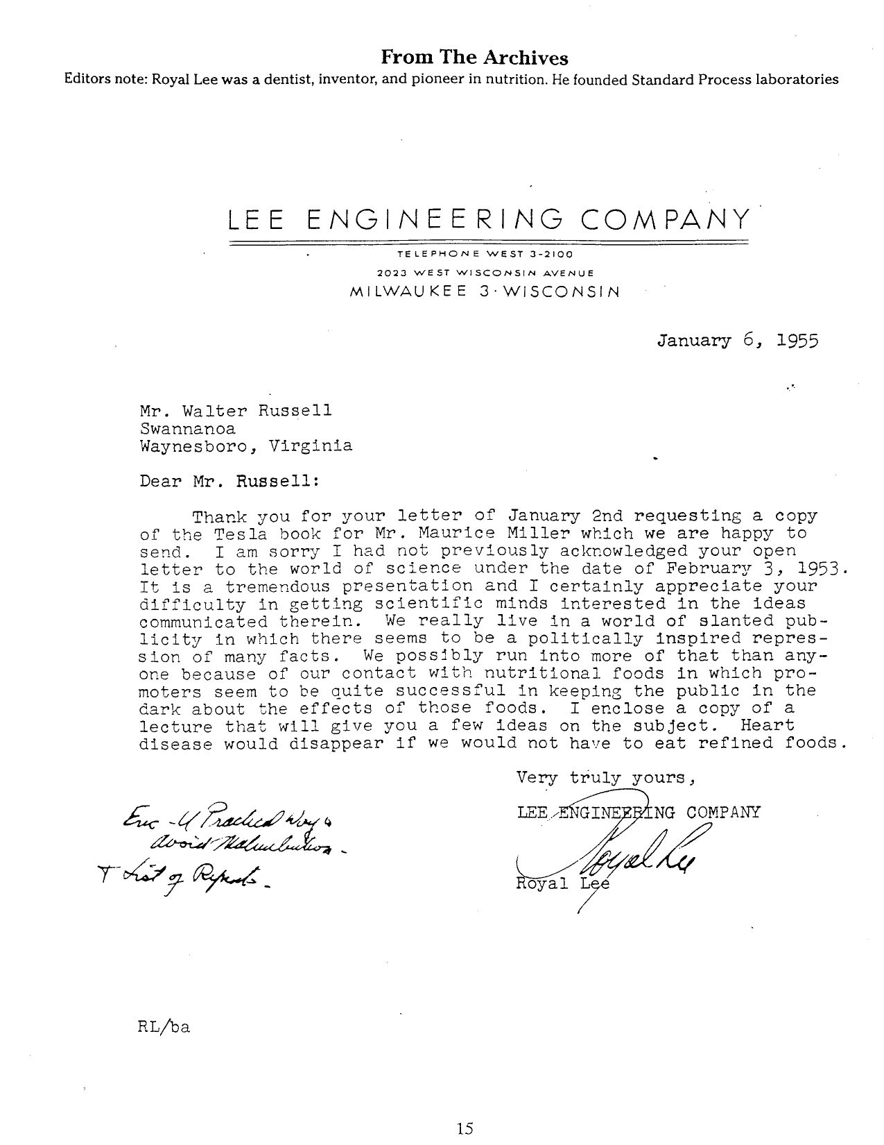 Russell and Royal Lee on Nikola Tesla — journal p. 15, PDF p. 18.