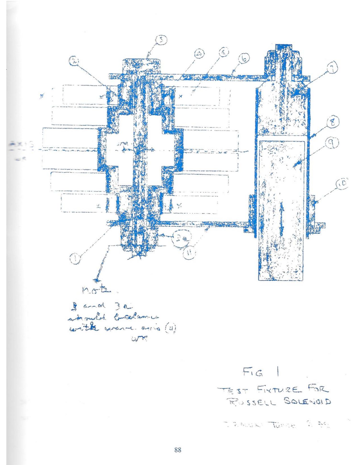 Journal p. 88 / PDF p. 91: Fig. 1 — Test Fixture for Russell Solenoid (sketch; WR marginal note)