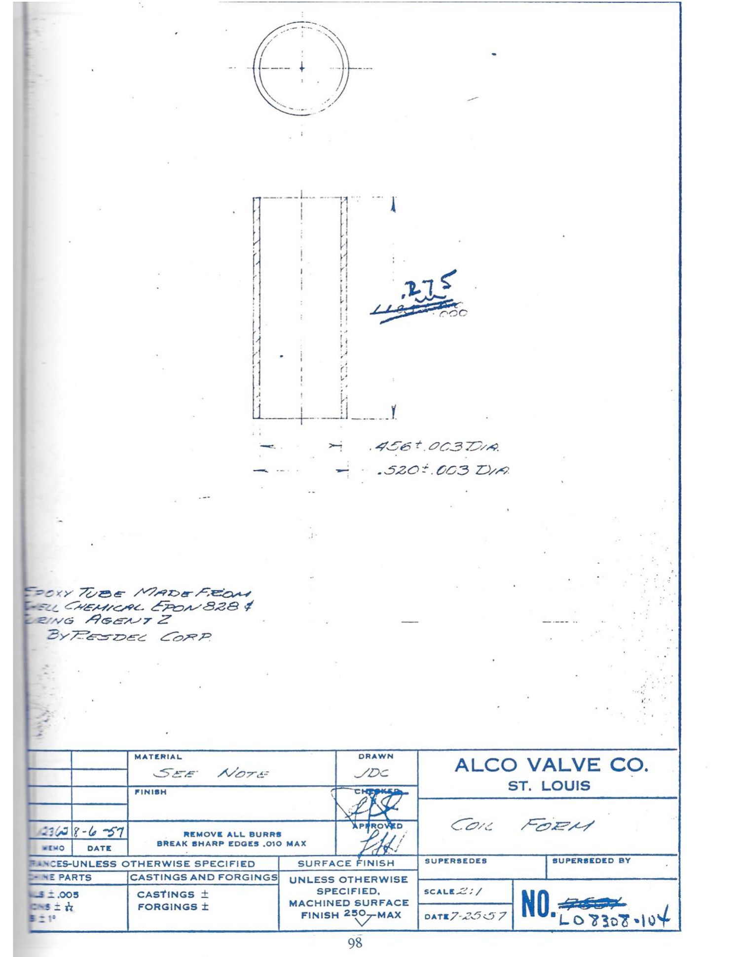 Journal p. 98 / PDF p. 101: LO 8308-104 — Coil Form, small (epoxy, Epon 828; formal Alco sheet 7-25-57)