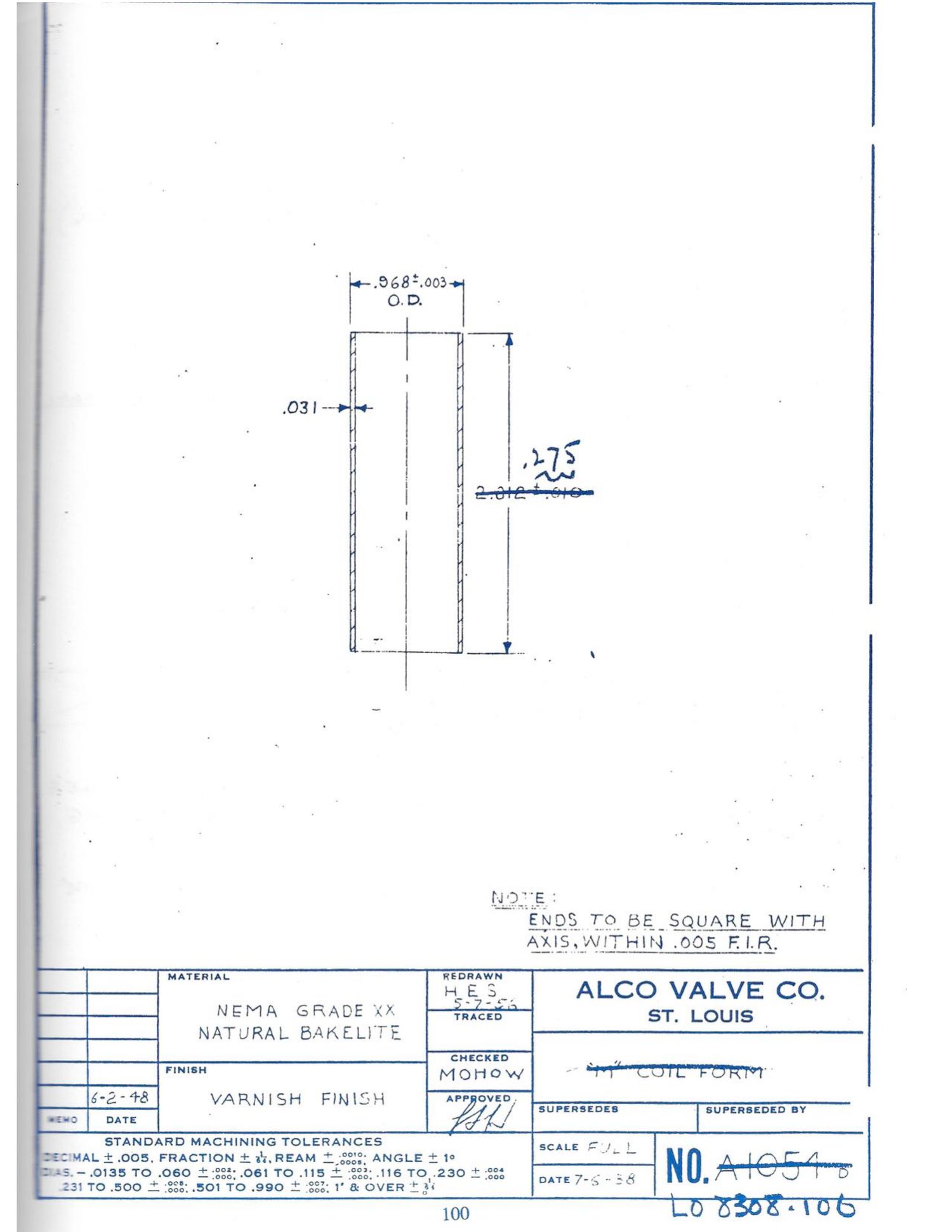 Journal p. 100 / PDF p. 103: LO 8308-106 — Coil Form, large (bakelite; reused sheet ex-A1054)