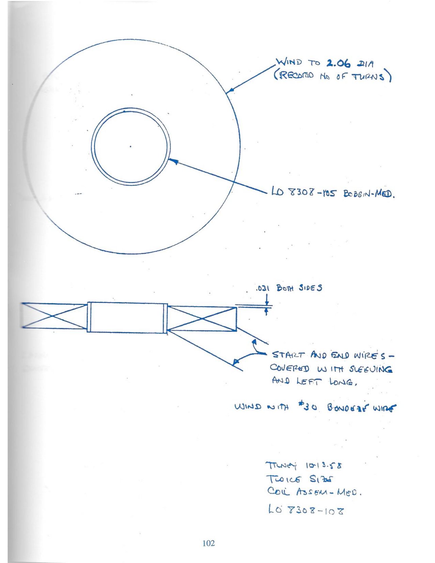 Journal p. 102 / PDF p. 105: LO 8308-108 — Coil Assembly, medium (wind to 2.06 dia)