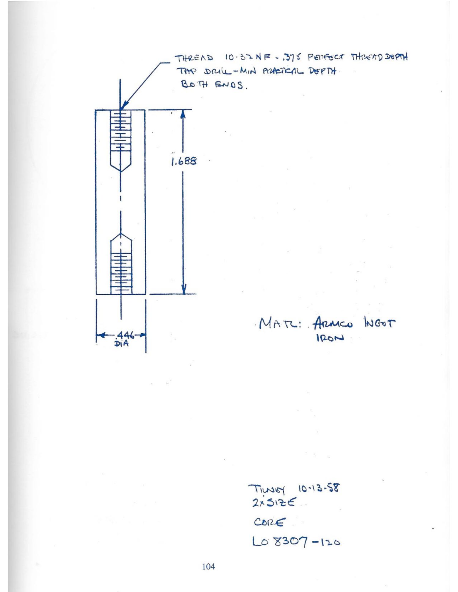 Journal p. 104 / PDF p. 107: LO 8307-120 [8308-120?] — Core, conventional unit (.446 × 1.688)
